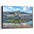 Black and white vintage poster art of Lyon landscape on framed canvas, suitable for bedroom wall decor.