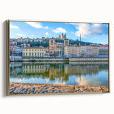Vintage poster art of Lyon landscape in black and gold tones on framed canvas, ideal for bedroom wall decor.