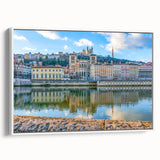 Vintage poster art of Lyon, featuring colorful, detailed scenery on a large framed canvas, ideal for living room decor.