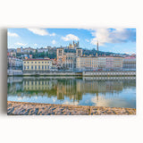 Black and white photograph of Lyon on stretched canvas, featuring detailed architecture.