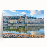 Black and white stretched canvas of Lyon cityscape, ideal for kitchen wall art.