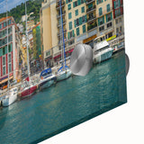 Large abstract wall art of Nice, France in muted blue and gray tones on acrylic glass, ideal for dining room ambiance.
