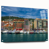 Acrylic print of the Nice, France skyline in muted blue and gray tones, suitable for bedroom or dining room decor.