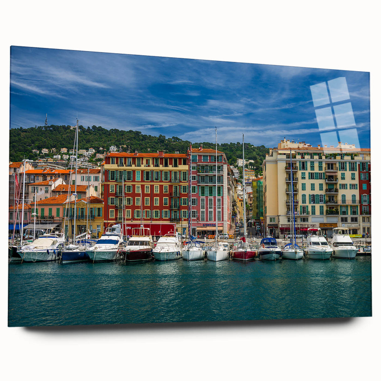 Acrylic print of a large abstract depiction of Nice, France in muted blue and gray tones.