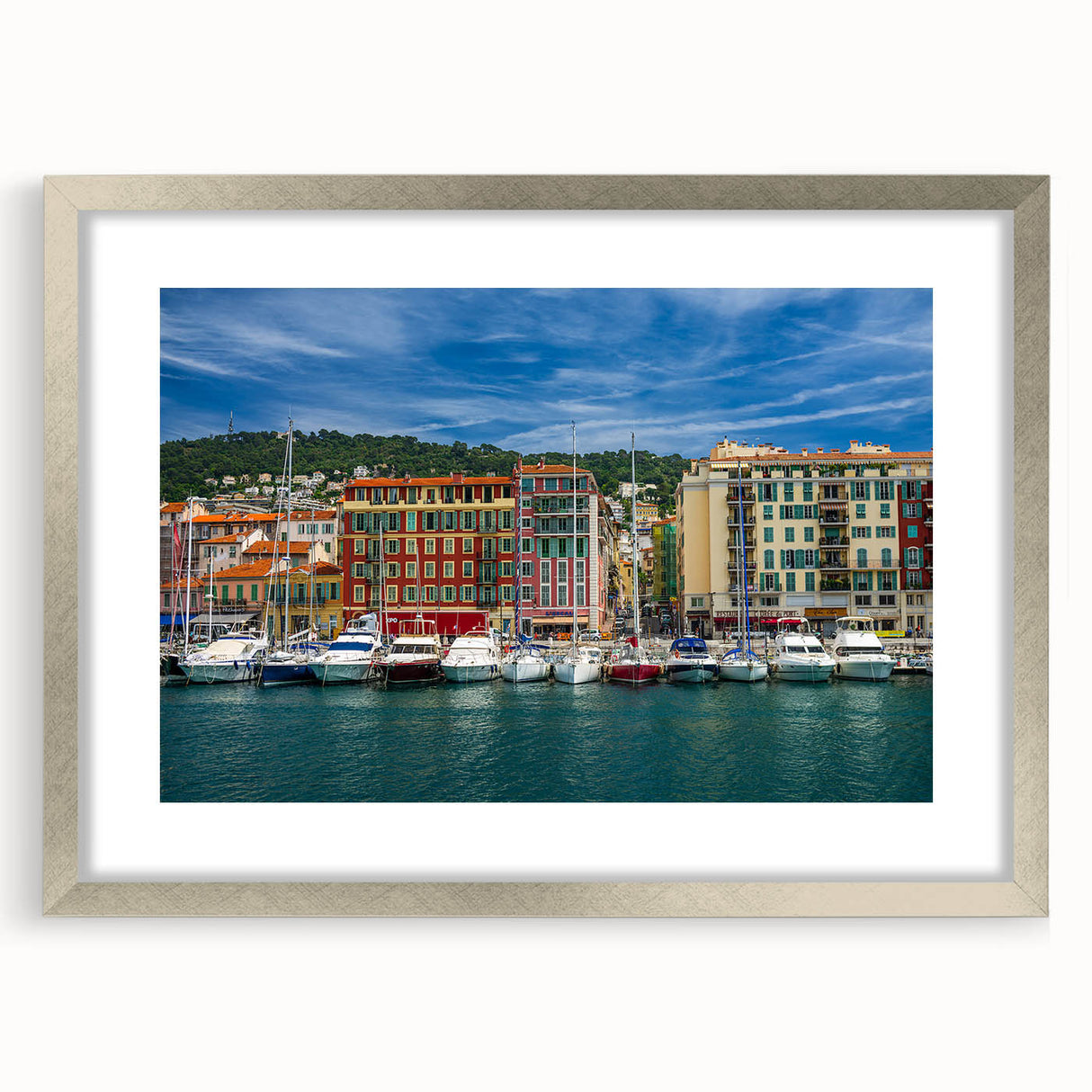 Extra large abstract art print of a textured European scenery in muted earth tones on a framed canvas.
