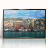 Art deco poster of Nice, France in muted gold and blue tones, framed acrylic, ideal for modern art wall decor in a nursery.