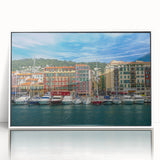 Mid-century modernist art depicting the Nice, France coastline in muted blue and white tones on framed acrylic.