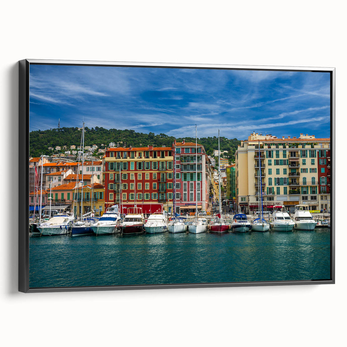Black and white framed canvas of a vintage poster art depicting the Nice, France landscape, ideal for bedroom decor.