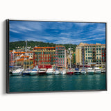Black and white framed canvas of a vintage poster art depicting the Nice, France landscape, ideal for bedroom decor.
