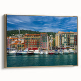 Framed canvas of a vintage-style landscape painting depicting Nice, France, in muted gold and black tones.