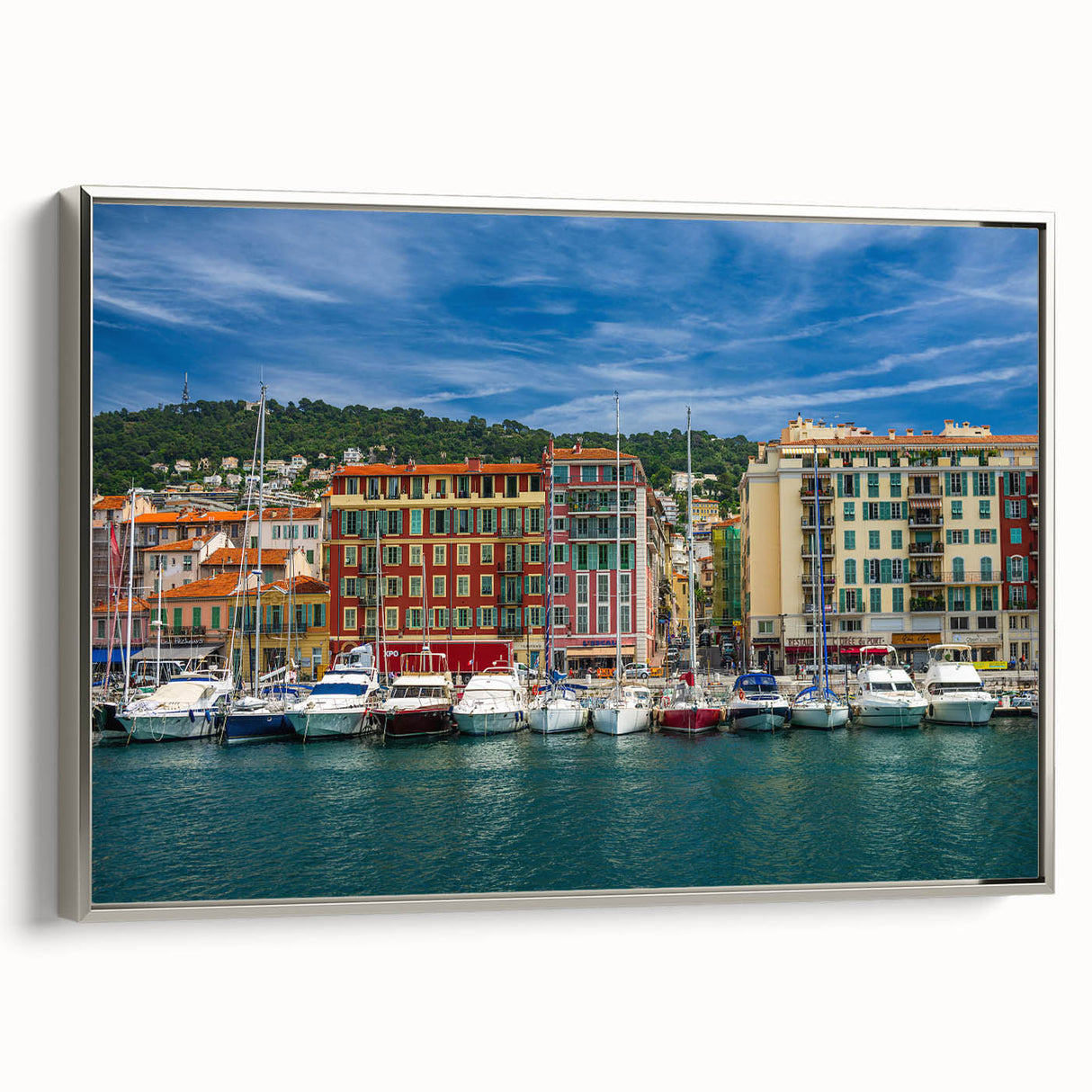 Landscape art painting of Nice, France in vibrant colors on a framed canvas, ideal for living room decor.