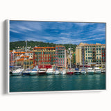 Vintage poster art of Nice, France in vibrant colors on a large framed canvas, ideal for living room decor.