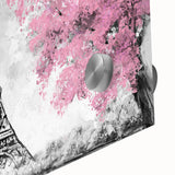 Large abstract depiction of Parisian scenery in muted gray and blue tones on acrylic glass, ideal for dining room art.