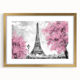 Abstract art print of Paris scenery in muted gold and blue tones, framed with a mat, ideal for dining room decor.