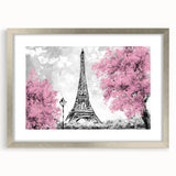 Extra large wall art featuring an abstract Paris scene in textured gray and blue tones, framed with a silver mat.