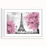 Textured art depicting an abstract Parisian scene in muted pastels, framed with a white mat, suitable for bedroom art.