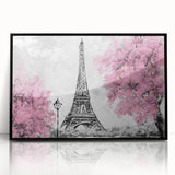 Large abstract wall art depicting a stylized Paris skyline in black and white tones on a framed acrylic.