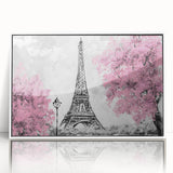 Mid-century modernist art depicting the Eiffel Tower in muted gray and blue tones, acrylic print framed in white.