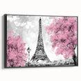 Black and white vintage poster art of Paris landscape on framed canvas, suitable for bedroom wall decor.