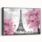 Black and white vintage poster art of Paris landscape on framed canvas, suitable for bedroom wall decor.