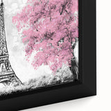 Extra large framed canvas of a textured Paris street scene in black with colorful accents, ideal for living room decor.