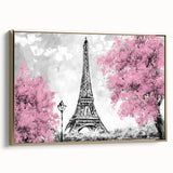 Framed canvas featuring a vintage-style Paris landscape in black and gold tones, ideal for bedroom decor.