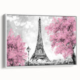 Vintage poster art of Paris streets in colorful paint on extra large framed canvas, ideal for living room decor.