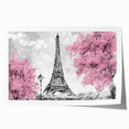 Extra large rolled print of Paris scenery with floral elements in muted colors, ideal for art wall dining room.