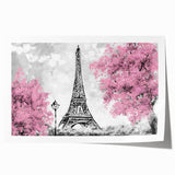 Extra large rolled print of Paris scenery with floral elements in muted colors, ideal for art wall dining room.