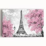 Black and white print of the Eiffel Tower on stretched canvas, ideal for kitchen wall art or bedroom decor.