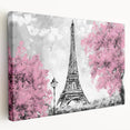 Large art depicting a Parisian streetscape in muted gray and blue tones on stretched canvas, ideal for kitchen wall art.