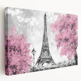 Large art depicting a Parisian streetscape in muted gray and blue tones on stretched canvas, ideal for kitchen wall art.