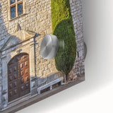Large abstract wall art of Provence scenery in pastel shades on acrylic glass, ideal for dining room ambiance.