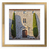Abstract art print of Provence scenery in muted earth tones, framed with a gold mat.