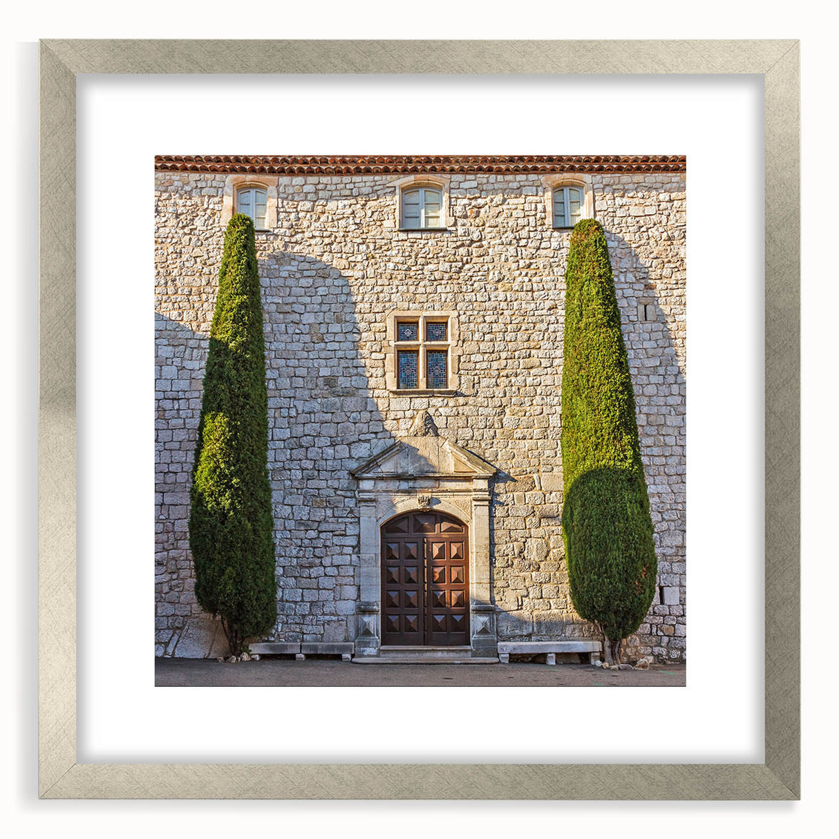 Extra large framed wall art of an abstract Provence scenery in textured silver, ideal for living room decor.