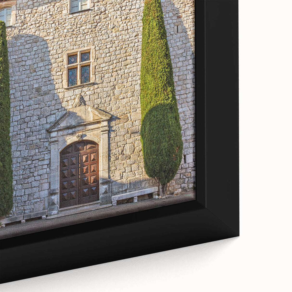 Extra large framed canvas featuring a textured black background with vibrant, colorful Provence scenery.