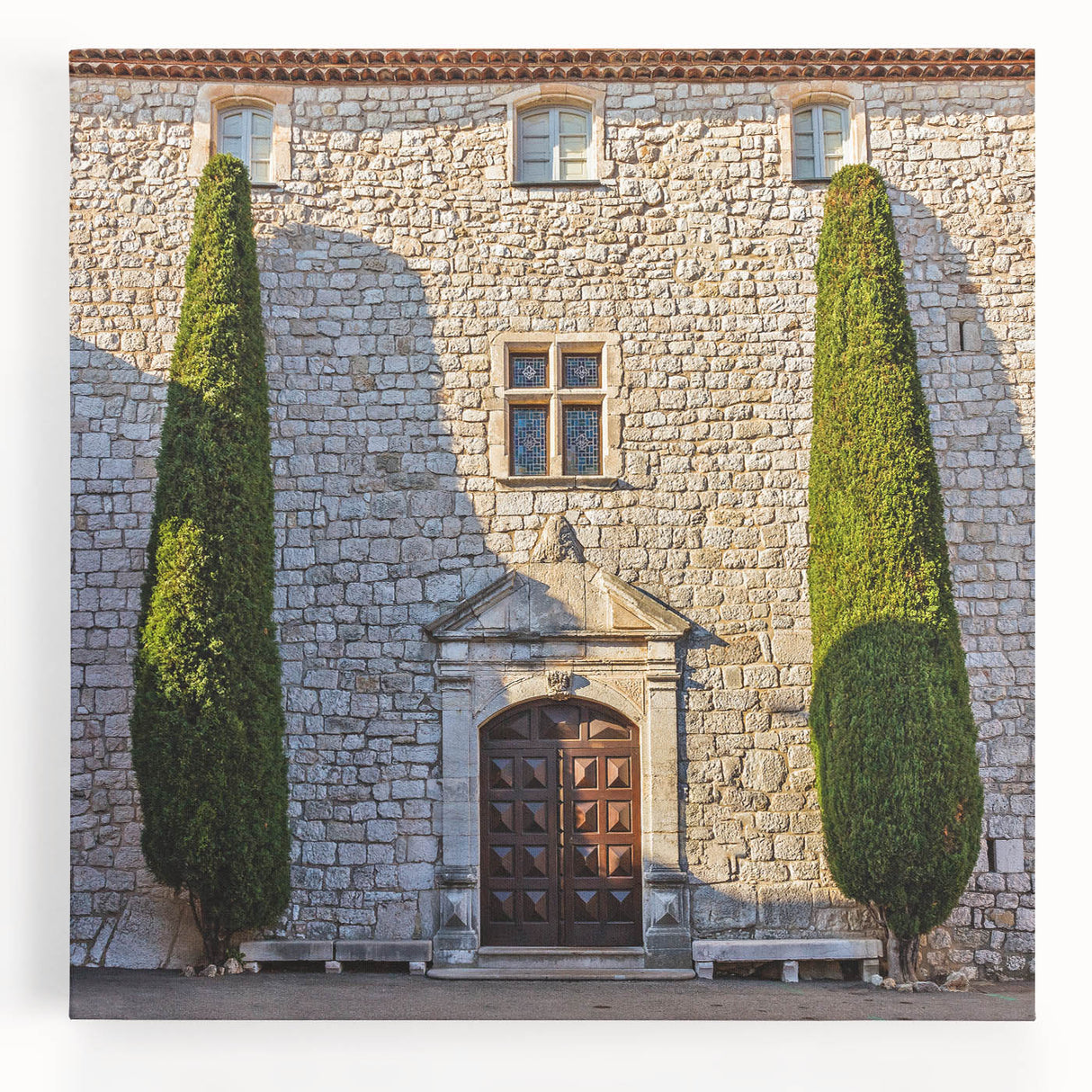Black and white stretched canvas depicting a scenic Provence landscape, ideal for kitchen wall art.