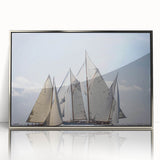 Large art print of a South France scenery in mid-century modernist style, with muted earth tones, framed in silver acrylic.