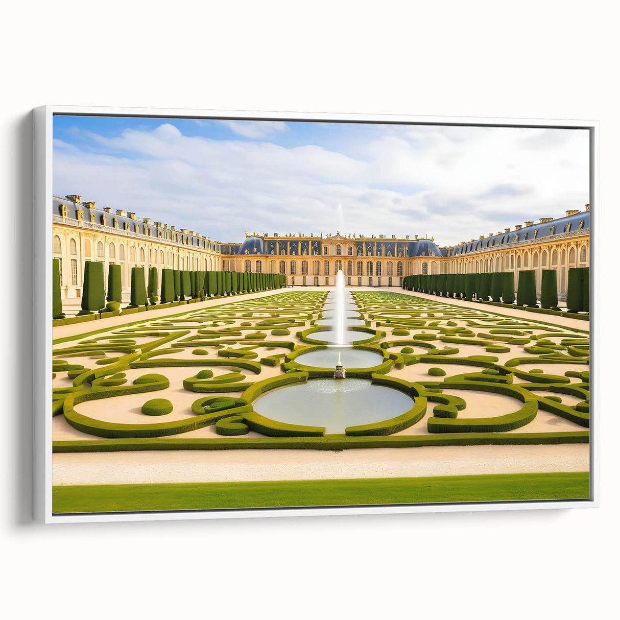 Vintage poster art of Versailles in vibrant colors on an extra large framed canvas, ideal for living room decor.