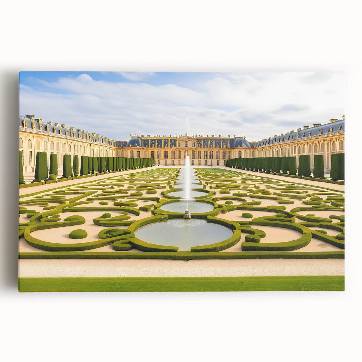 Black and white image of the Palace of Versailles on a large stretched canvas.