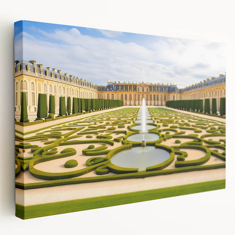 Large art print of Versailles scenery on stretched canvas, featuring muted green and beige tones, ideal for kitchen wall art.