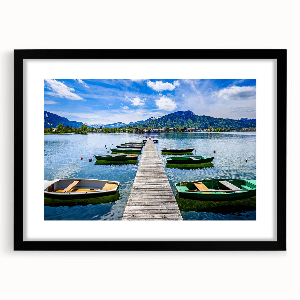 Extra large abstract art print of a vibrant, colorful Bavarian landscape on textured canvas, framed in black.