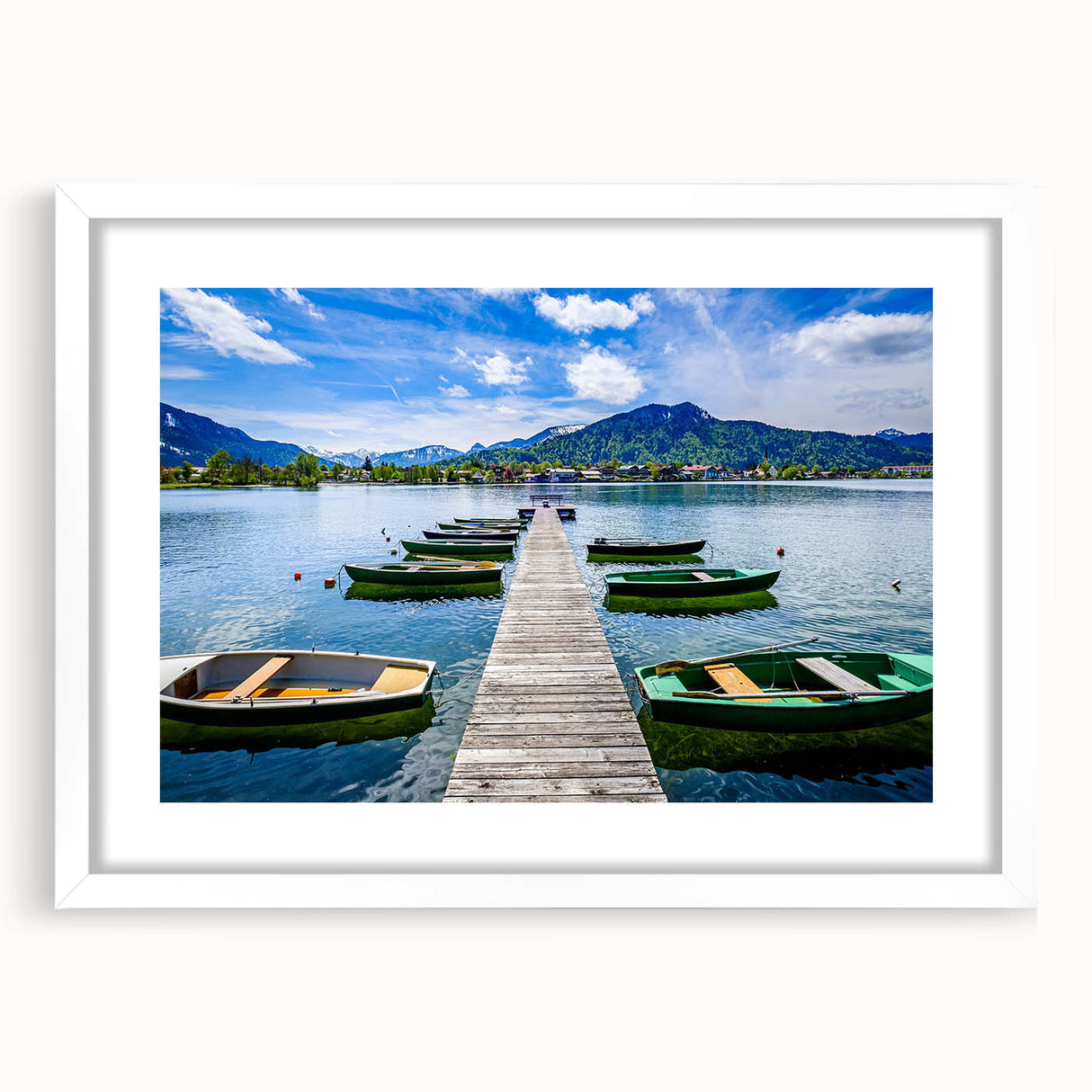 Textured art depicting a tranquil Bavarian landscape in muted greens and blues, presented in a white framed mat.