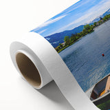 Art deco poster of a Bavarian landscape in muted greens and blues on rolled canvas, ideal for nursery wall art.