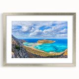 Extra large abstract art print of a Crete, Greece scenery in muted earth tones, framed in silver.