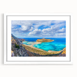 Textured abstract art print of Crete, Greece in muted earth tones on a framed white mat, suitable for bedroom decor.