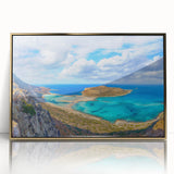 Art deco poster of Crete, Greece scenery in gold framed acrylic, with muted earth tones, ideal for modern art wall decor.