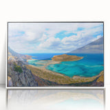 Mid-century modernist art depicting the Crete landscape in muted earth tones on a framed acrylic print.