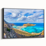 Black and white landscape art of Crete, Greece on framed canvas, ideal for bedroom decor.
