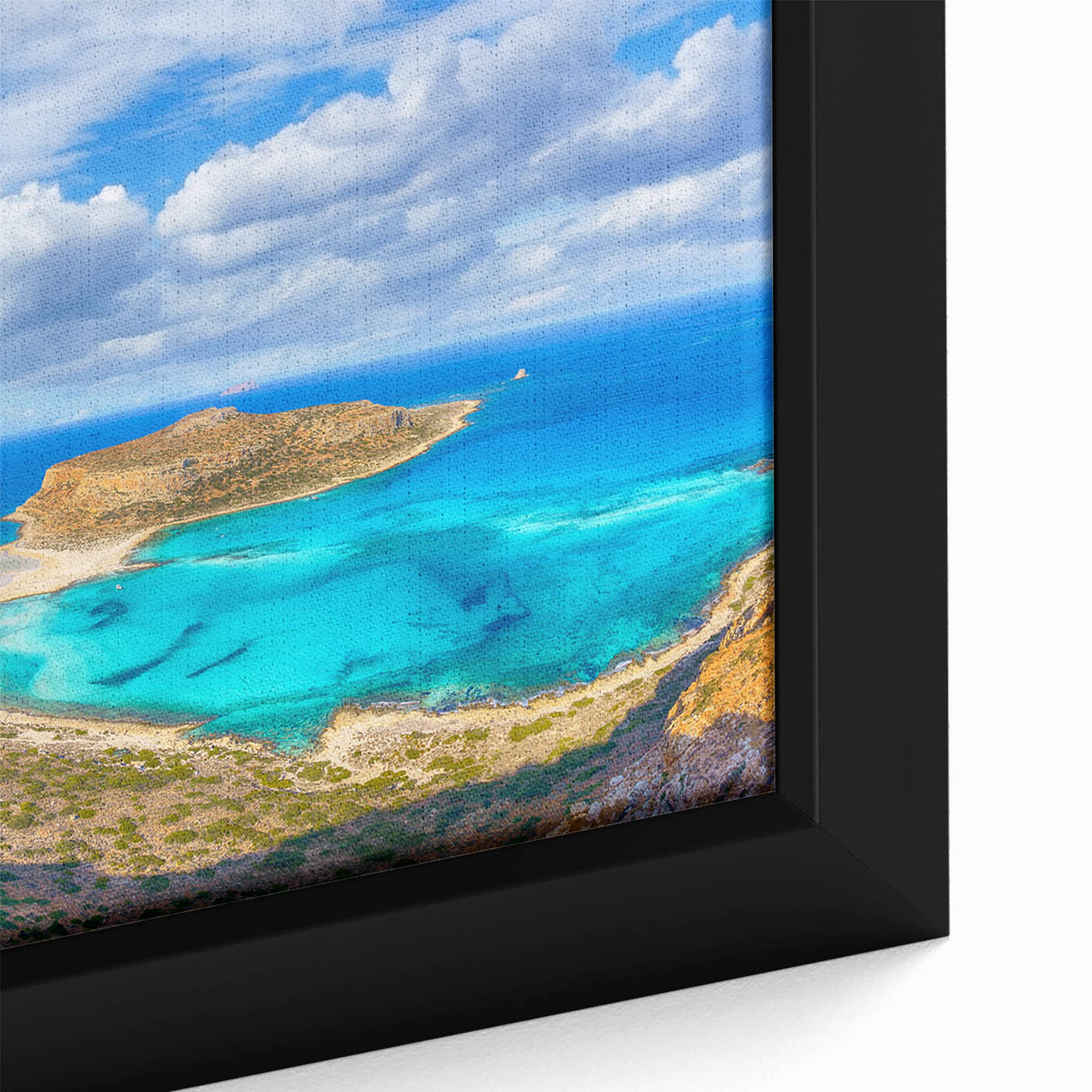 Extra large framed canvas of a textured black wall art depicting colorful Crete, Greece scenery, ideal for living room decor.